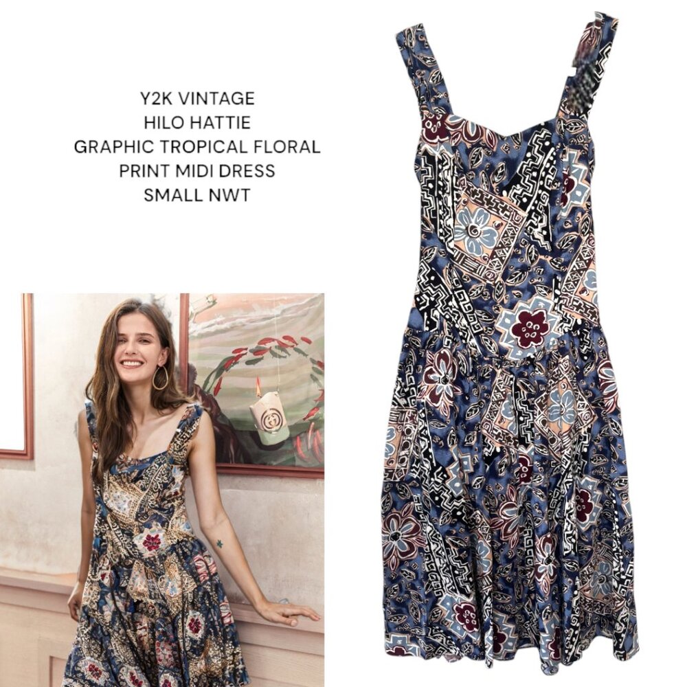 Vintage Y2k Deadstock Hilo Hattie Boho Floral Midi Dress Small Nwt